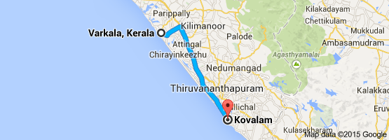 distance from varkala to kovalam